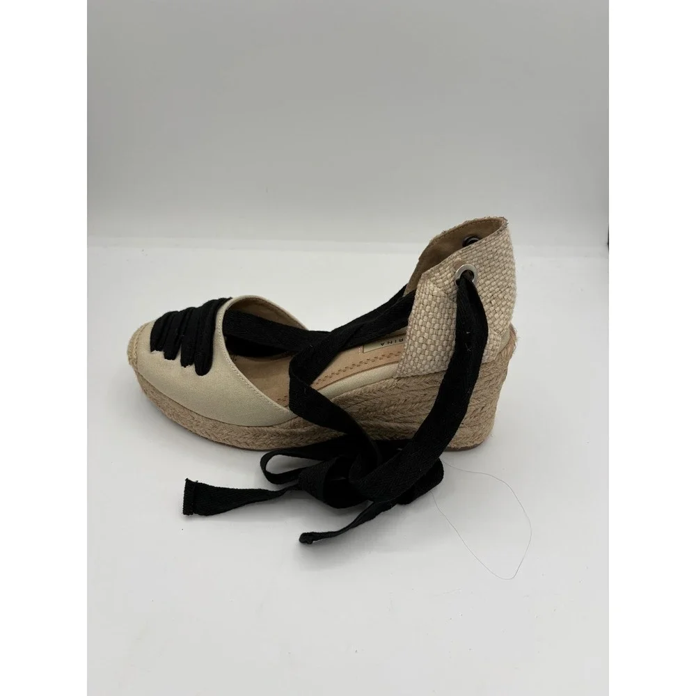 Corina Womens Espadrille Wedge Sandals Beige Black Ribbon Ankle Tie Size 40